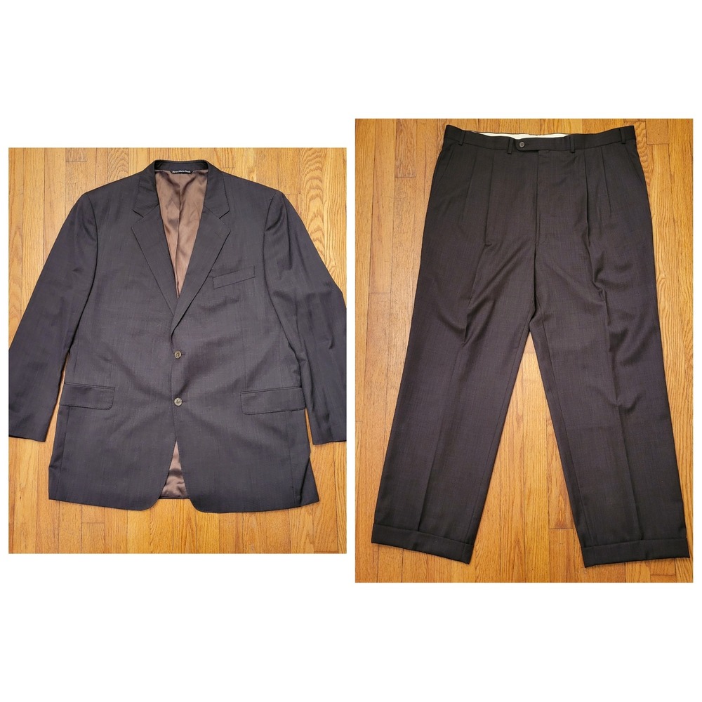 2 Pc JACK VICTOR‎ Charcoal Gray Pinstripe Wool 48L Suit Jacket Blazer Pants 43L